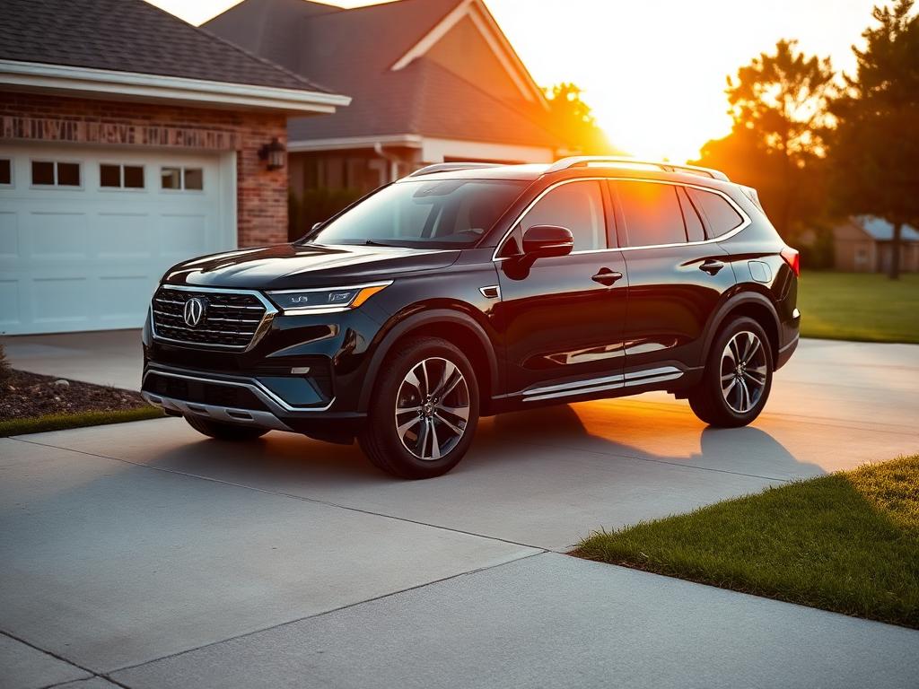 SUV moderno estacionado em residência ao pôr do sol